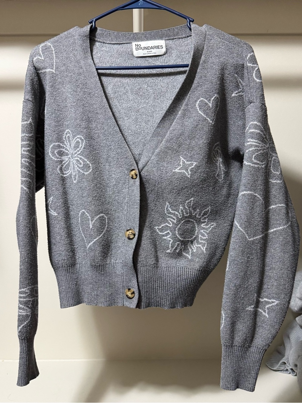 No Boundaries Gray Graphic Button-Up Cardigan with White Doodle Accents